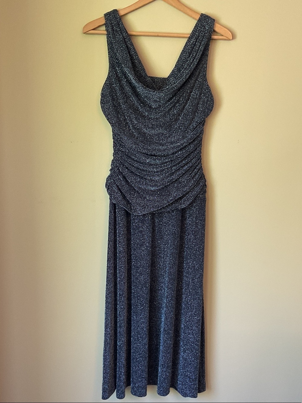 R&M Richards Navy Metallic Cowl Neck Maxi Dress